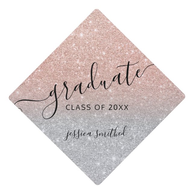 rose gold glitter  silver chic typography graduate graduation cap topper (Front)