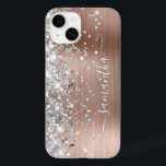 Rose Gold Glitter Silver Glam Girly Signature Case-Mate iPhone 14 Case<br><div class="desc">Girly faux sparkly silver grey glitter highlights on the left edge over a faux pink blush rose gold brushed metal foil.
The modern girly signature features an elegant white calligraphy font with decorative tails. 
Customize the font styles to create your own phone gear for your best friend.</div>
