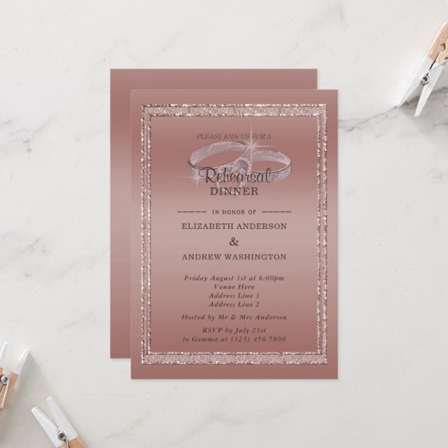 Rose Gold Glitter & Silver Rings Rehearsal Dinner  Invitation (Front/Back In Situ)