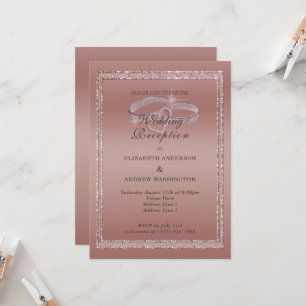 Rose Gold Glitter, Silver Rings Wedding Reception Invitation