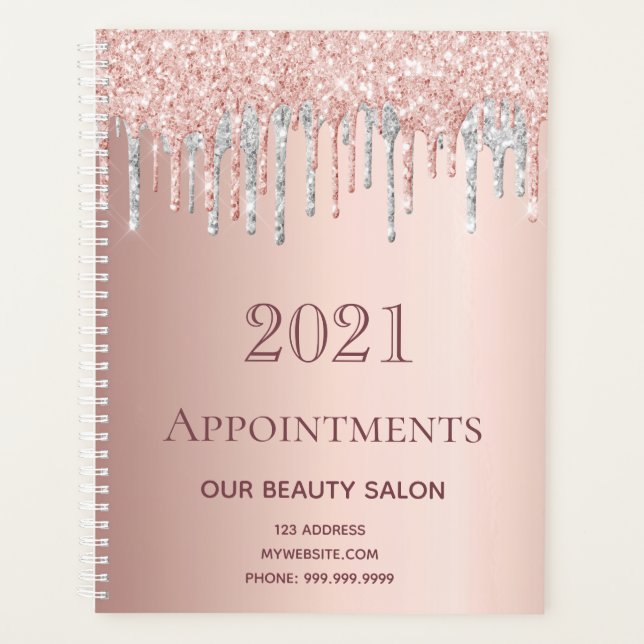 Rose gold glitter silver salon appointments 2025 planner (Front)