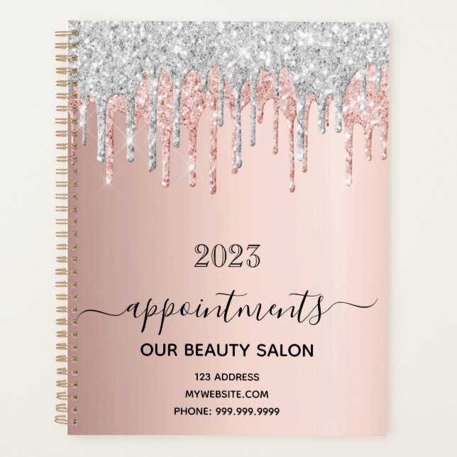 Rose gold glitter silver salon appointments 2025 planner (Front)