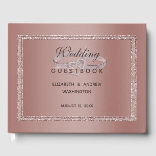 Rose Gold Glitter & Silver Wedding Rings Guest Book