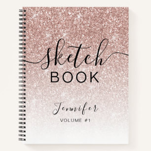 Rose Gold Glitter Sketchbook Name Elegant Script Notebook