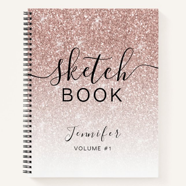 Rose Gold Glitter Sketchbook Name Elegant Script Notebook (Front)
