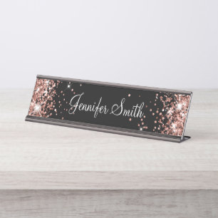Rose Gold Glitter Solid Black Desk Name Plate
