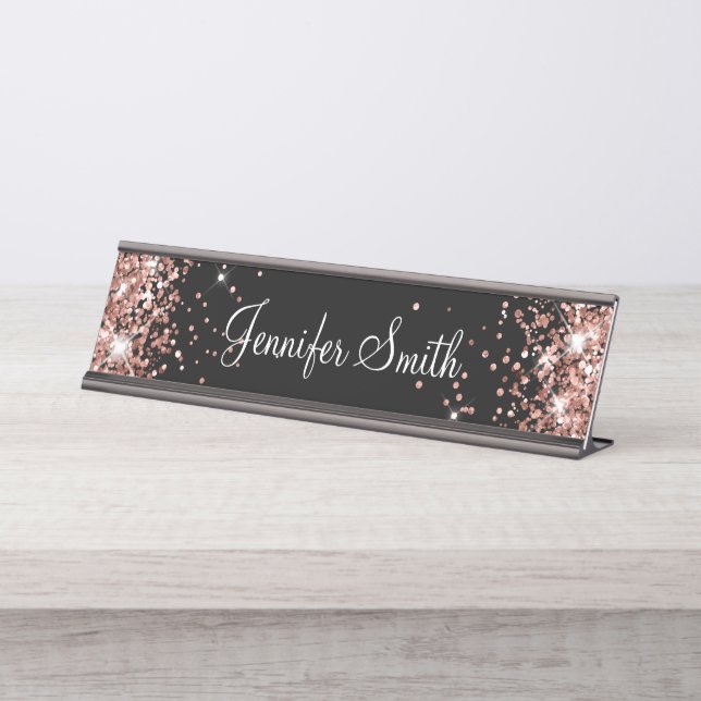 Rose Gold Glitter Solid Black Desk Name Plate (Front)