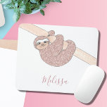 Rose Gold Glitter Sparkle Cute Sloth Name Mouse Pad<br><div class="desc">This fun and girly mouse pad is decorated with a rose gold glitter smiling sloth hanging from a branch.
Customize it by changing the name.
Original Design © Michele Davies</div>