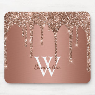 Rose Gold Glitter Sparkle Drip Monogram Name Mouse Pad