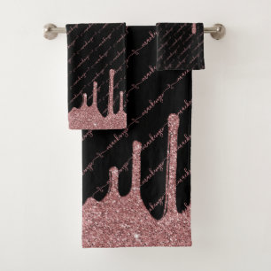 Rose Gold Glitter Sparkle Drips Script Name Black Bath Towel Set