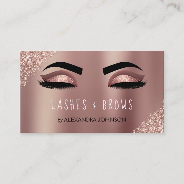 Rose Gold Glitter Sparkle Eyelashes Lashes Brows Business Card (Front)
