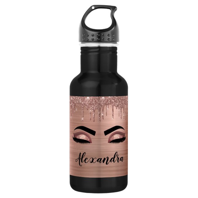 Rose Gold Glitter Sparkle Eyelashes Monogram Name 532 Ml Water Bottle (Front)