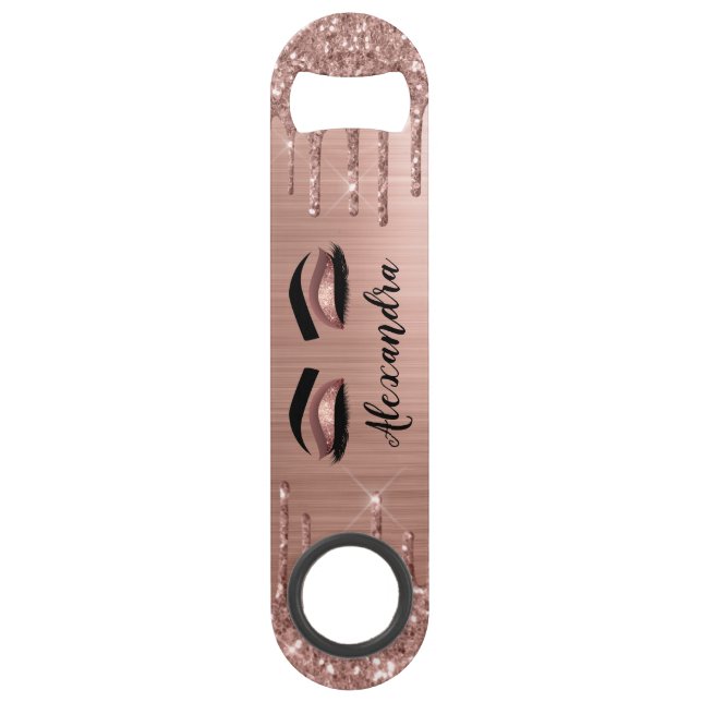 Rose Gold Glitter Sparkle Eyelashes Monogram Name Bar Key (Front)
