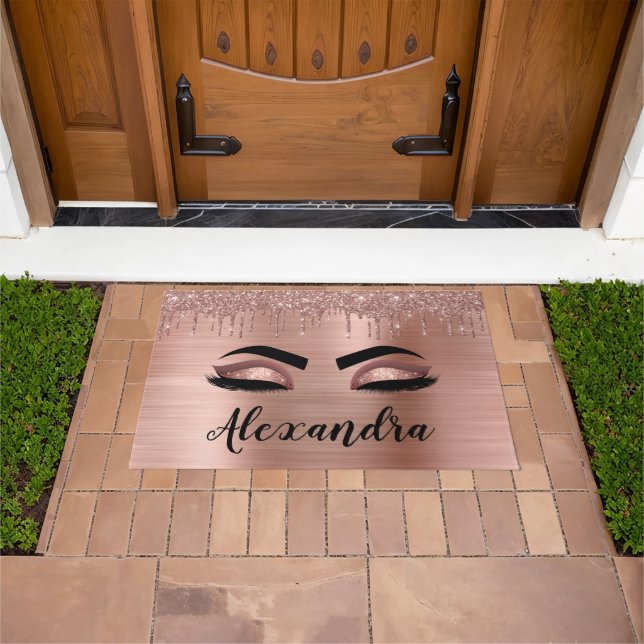 Rose Gold Glitter Sparkle Eyelashes Monogram Name Doormat (Outdoor)