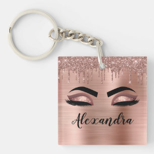 Rose Gold Glitter Sparkle Eyelashes Monogram Name Keychain
