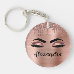 Rose Gold Glitter Sparkle Eyelashes Monogram Name Keychain