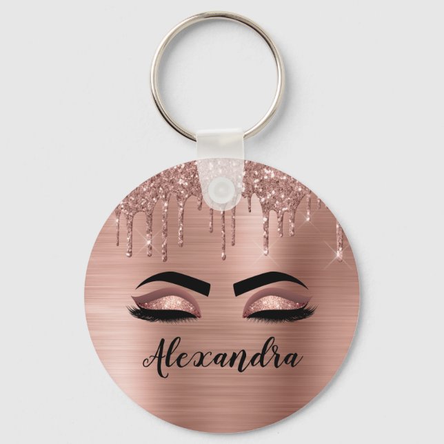 Rose Gold Glitter Sparkle Eyelashes Monogram Name Keychain (Front)