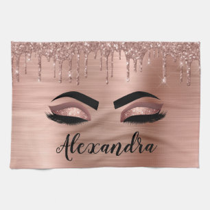 Rose Gold Glitter Sparkle Eyelashes Monogram Name Kitchen Towel