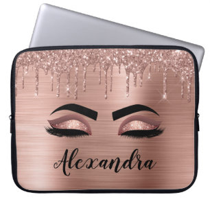 Rose Gold Glitter Sparkle Eyelashes Monogram Name Laptop Sleeve