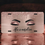 Rose Gold Glitter Sparkle Eyelashes Monogram Name License Plate<br><div class="desc">Rose Gold Faux Foil Metallic Sparkle Glitter Brushed Metal Monogram Name and Initial Eyelashes (Lashes), Eyelash Extensions and Eyes Blush Pink Makeup License Plate Cover. This gift makes the perfect sweet 16 birthday, wedding, bridal shower, anniversary, baby shower or bachelorette party gift for someone looking for a trendy cool style....</div>