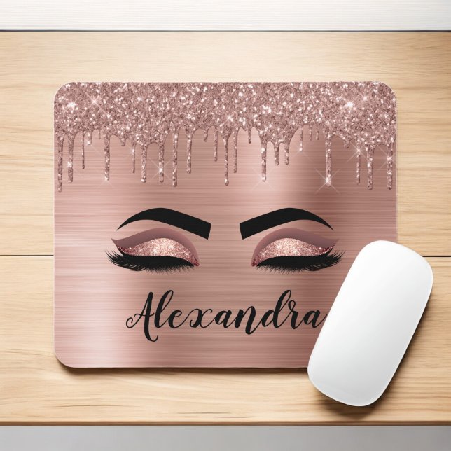 Rose Gold Glitter Sparkle Eyelashes Monogram Name Mouse Pad (Creator Uploaded)
