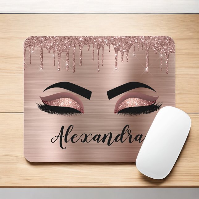 Rose Gold Glitter Sparkle Eyelashes Monogram Name Mouse Pad (Creator Uploaded)