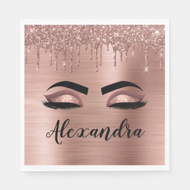 Rose Gold Glitter Sparkle Eyelashes Monogram Name Napkin (Front)