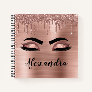Rose Gold Glitter Sparkle Eyelashes Monogram Name Notebook