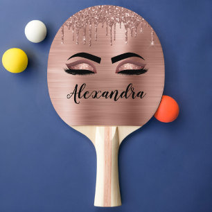 Rose Gold Glitter Sparkle Eyelashes Monogram Name Ping Pong Paddle