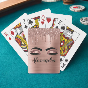 Rose Gold Glitter Sparkle Eyelashes Monogram Name Playing Cards