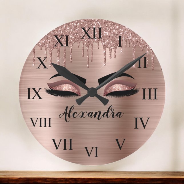 Rose Gold Glitter Sparkle Eyelashes Monogram Name Round Clock (Creator Uploaded)