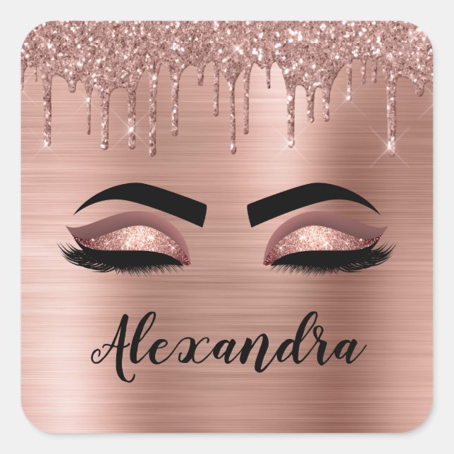 Rose Gold Glitter Sparkle Eyelashes Monogram Name Square Sticker (Front)
