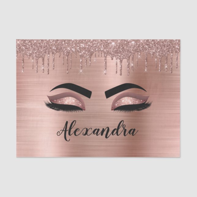 Rose Gold Glitter Sparkle Eyelashes Monogram Name Tissue Paper (Front)