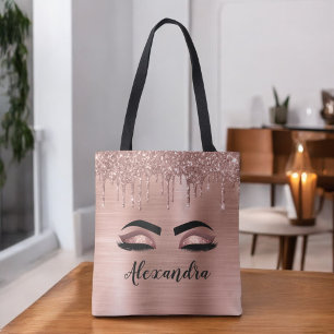 Rose Gold Glitter Sparkle Eyelashes Monogram Name Tote Bag