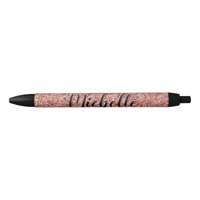 Rose Gold Glitter Sparkle Modern Personalized Black Ink Pen (Front)