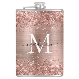Rose Gold Glitter Sparkle Monogram Brushed Steel Hip Flask