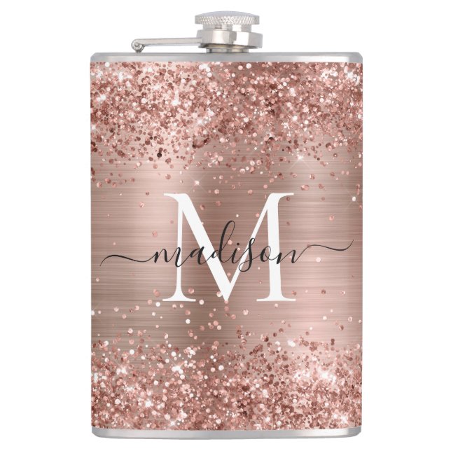 Rose Gold Glitter Sparkle Monogram Brushed Steel Hip Flask (Front)