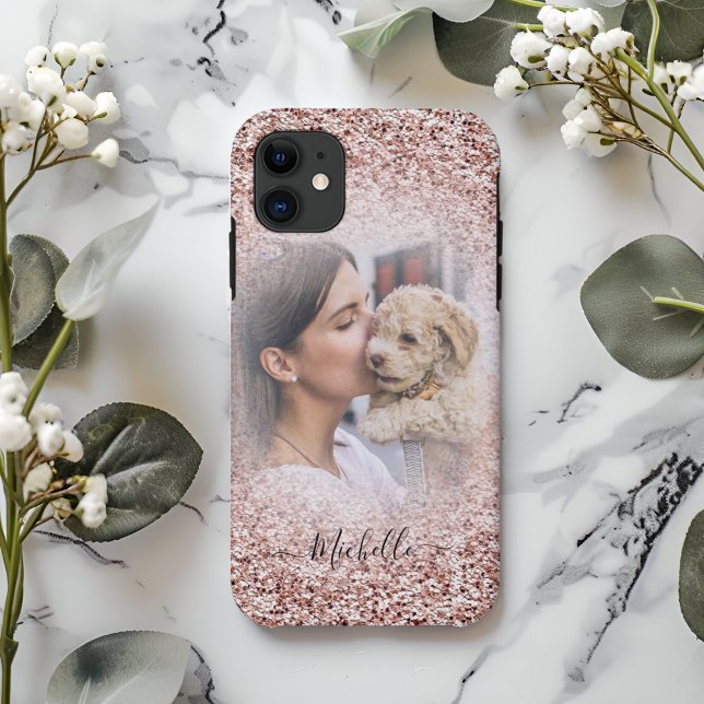 Rose Gold Glitter Sparkle Photo Monogram iPhone Ca Case-Mate iPhone Case (Creator Uploaded)