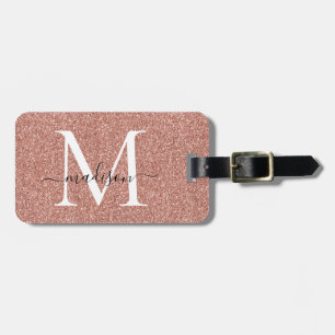 Rose Gold Glitter Sparkle Script Name Monogram Luggage Tag