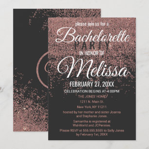 Rose Gold Glitter Sparkles Black Bachelorette Invitation