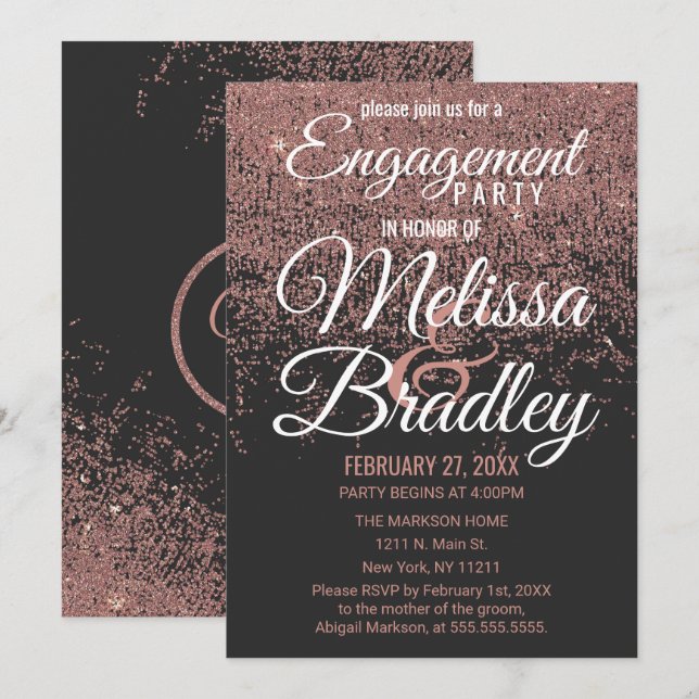 Rose Gold Glitter Sparkles Black Engagement Invitation (Front/Back)