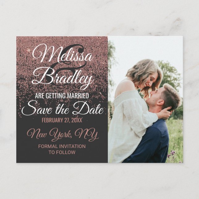 Rose Gold Glitter Sparkles Black Save the Dates Announcement Postcard (Front)