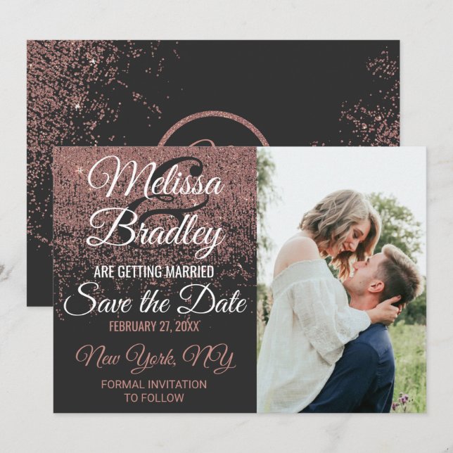 Rose Gold Glitter Sparkles Black Save the Dates Invitation (Front/Back)