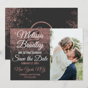 Rose Gold Glitter Sparkles Black Save the Dates Invitation