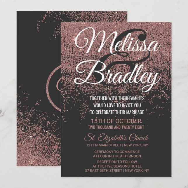 Rose Gold Glitter Sparkles Black Wedding Invitation (Front/Back)