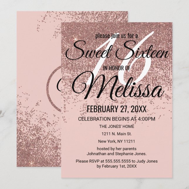 Rose Gold Glitter Sparkles Blush Pink Sweet 16 Invitation (Front/Back)