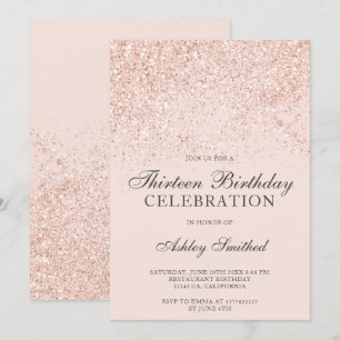 Rose gold glitter sparkles blush thirteen invitation