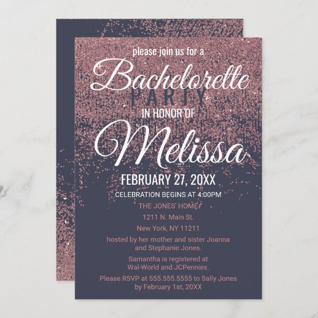 Rose Gold Glitter Sparkles Navy Blue Bachelorette Invitation (Front/Back)