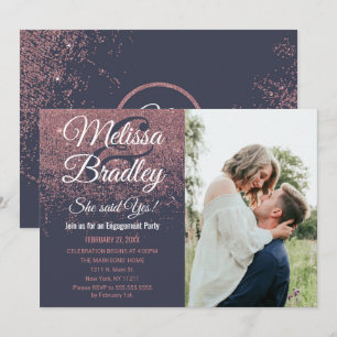 Rose Gold Glitter Sparkles Navy Blue Engagement Invitation