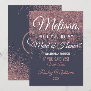 Rose Gold Glitter Sparkles Navy Blue Maid of Honou Invitation
